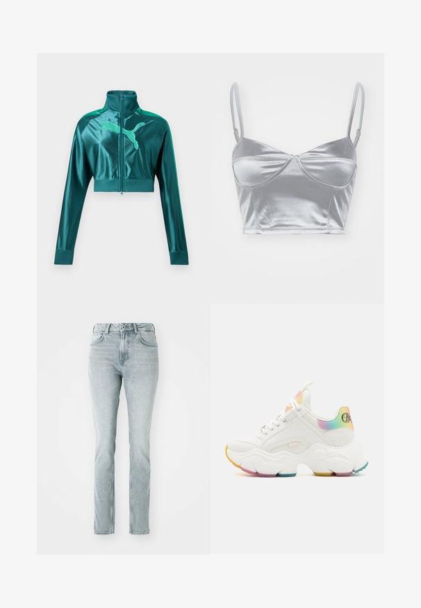 Veste de survêtement courte vert sarcelle avec manches longues, poignets et col côtelés, fermeture éclair à l'avant, et grand logo Puma sur la poitrine.; Bralette en satin argenté avec des fines bretelles réglables, un décolleté en cœur et un design torsadé au centre. Texture lisse et brillante.; Jeans en denim bleu clair avec une coupe droite, taille haute, poches avant et finition délavée. Dotés de passants de ceinture et d'une fermeture à bouton.; Baskets blanches épaisses avec des accents arc-en-ciel au talon et à la languette, semelle épaisse texturée avec des grips multicolores, et fermeture à lacets.