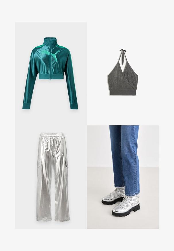 Veste de survêtement courte vert sarcelle avec manches longues, poignets et col côtelés, fermeture éclair à l'avant, et grand logo Puma sur la poitrine.; Crop top gris en maille à col halter, devant style cache-cœur et large bord-côte sur fond blanc.; MCM METALLIC PANTS - Pantalon cargo - silver; Bottines argentées métalliques avec une semelle noire robuste, présentant un dessus rembourré et des lacets, associées à un jean droit bleu.