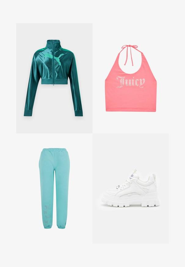 Diepgroene cropped trainingsjas met lange mouwen, geribbelde boorden en kraag, ritssluiting aan de voorkant en groot Puma-logo op de borst.; Roze haltertop met strik in de nek en strassletters die "Juicy" aan de voorkant spellen.; Turquoise joggingsbroek gemaakt van zachte stof, met een elastische tailleband, elastische boorden en decoratieve vlinderapplicaties.; Witte chunky sneakers met een textuur bovenkant, gevoerde kraag en dikke, gegroefde zool. Voorzien van contrasterende zwarte veters en merkaanduiding.