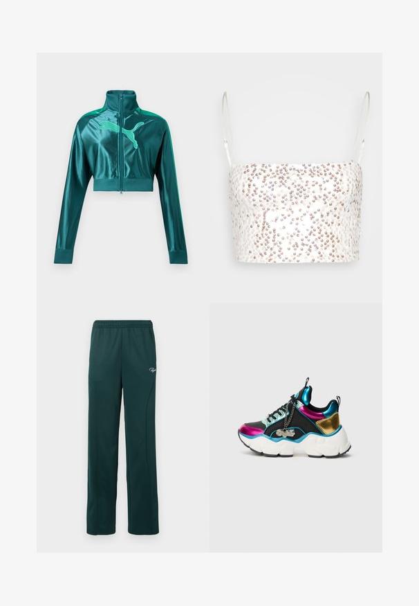 Chaqueta corta deportiva de color verde azulado con mangas largas, puños y cuello acanalados, cremallera frontal y gran logo de Puma en el pecho.; Gina Tricot SHIMMER CROPPED - Top - offwhite; Pantalones de chándal verde oscuro hechos de una tela suave, con una cintura elástica y costuras laterales, y un pequeño logo en la parte delantera.; Zapatilla chunky con tela negra, paneles metálicos en rosa, azul y dorado, suela blanca, cordones negros y una cadena plateada con etiqueta "Buffalo".