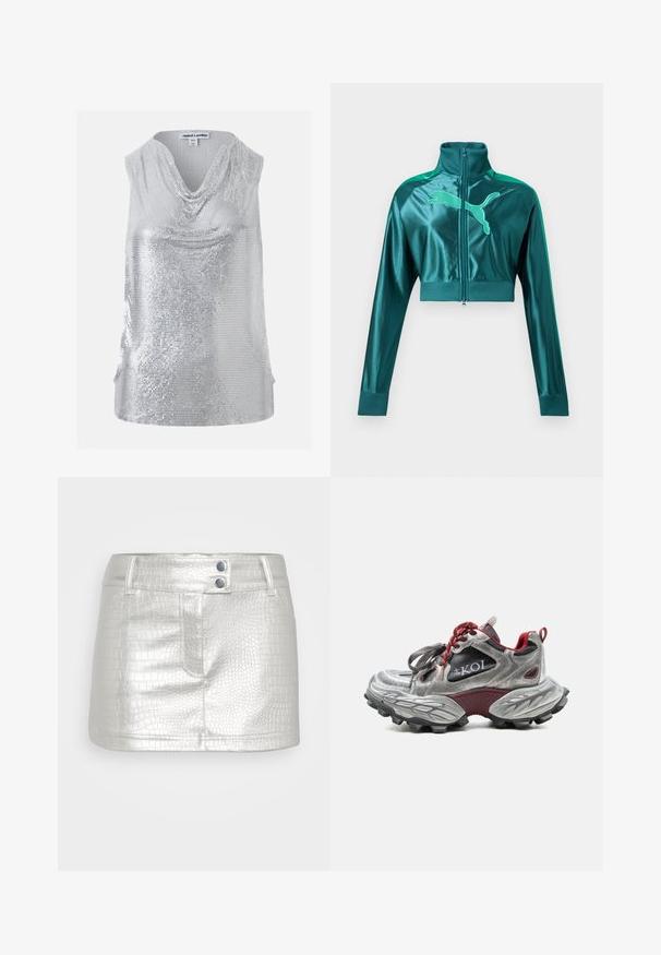 Veste de survêtement courte vert sarcelle avec manches longues, poignets et col côtelés, fermeture éclair à l'avant, et grand logo Puma sur la poitrine.; Top sans manches argenté à sequins avec un col bénitier drapé, taille XS/S, marque Jaded London.; Jupe en cuir synthétique argenté avec un motif crocodile texturé, dotée de deux accents de boutons bleus et d'un design ajusté.; Baskets argentées et bordeaux avec une semelle épaisse et texturée, des lacets rouges, des panneaux en mesh noir et le logo « KOI » sur le côté.