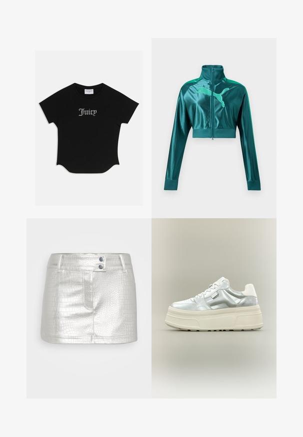 Kort tealgrøn trackjakke med lange ærmer, ribstrikkede manchetter og krave, lynlås foran og stort Puma-logo på brystet.; Sort kortærmet T-shirt med rund bund og raglanærmer. Har pyntet "Juicy" tekst i rhinsten på forsiden.; Sølvfarvet, kunstlæder nederdel med et tekstureret krokodillemønster, der har to blå knapdetaljer og en tætsiddende pasform.; Kraftig platform-sneaker med metallic sølv overdel, hvide snørebånd og tyk cremefarvet tekstureret sål, vist i sideprofil på neutral baggrund.