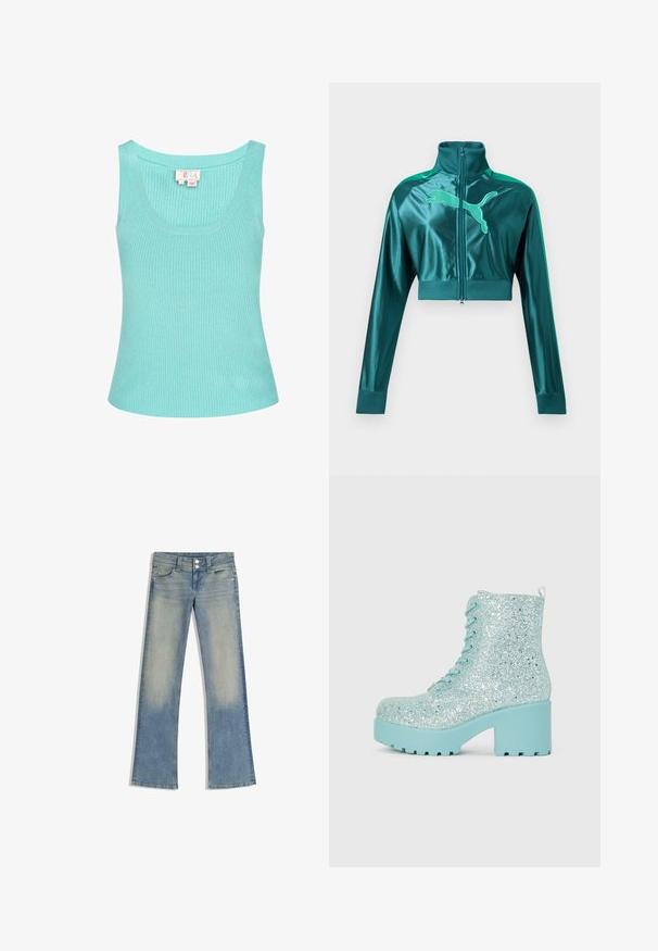 Diepgroene cropped trainingsjas met lange mouwen, geribbelde boorden en kraag, ritssluiting aan de voorkant en groot Puma-logo op de borst.; Lichtblauw geribbeld tanktop met een ronde halslijn en brede schouderbanden. De stof lijkt glad met een lichte stretch. Etiket zichtbaar aan de binnenkant.; Lichtblauwe spijkerbroek met vervaagde voorkant, dubbele knoopsluiting en uitlopende pijpen, plat liggend op een witte achtergrond.; Glanzende lichtblauwe enkellaarsjes met een chunky hak, veters in hiker-stijl en een textuur met sprankelende accenten.