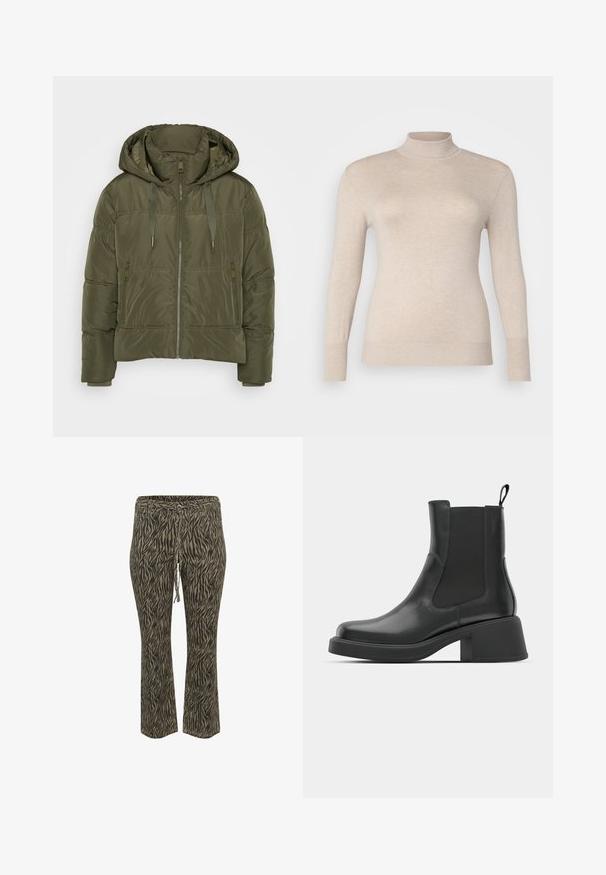 Olivengrüne gepolsterte Jacke mit Kapuze, vorderem Reißverschluss, Kordelzügen und zwei seitlichen Reißverschlusstaschen, entworfen für kaltes Wetter.; Beige Rollkragenpullover aus einem weichen Stoff, mit langen Ärmeln und gerippten Bündchen. Glatte Textur ohne Muster oder Verzierungen.; Elastische Hose mit Kordelzug im khaki und beigefarbenen Zebra-Muster. Mittlere Leibhöhe, ausgestellte Beinform, weicher Stoff. Geeignet für Freizeitkleidung.; Schwarze Leder-Stiefeletten mit elastischen Seitenpanelen, abgerundetem Zehenbereich und einem klobigen Blockabsatz. Glatte Textur mit einem minimalistischen Design.