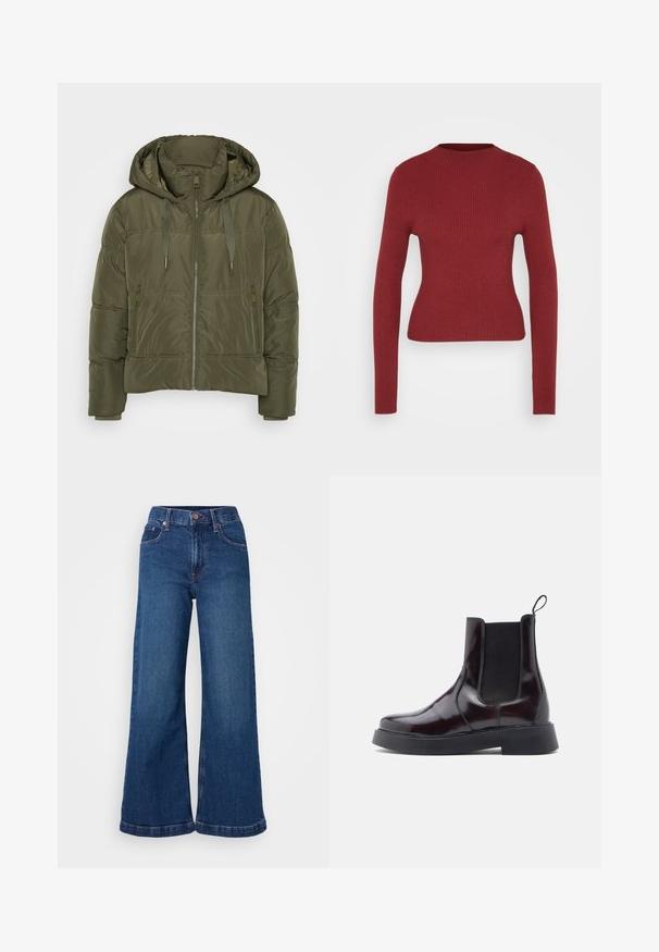 Veste rembourrée vert olive avec capuche, fermeture éclair frontale, cordons de serrage et deux poches latérales zippées, conçue pour les temps froids.; Pull ajusté à côtes, à manches longues, de couleur rouge foncé avec col rond, présenté sur un fond neutre clair.; Jean en denim à jambes larges, de couleur bleu foncé, avec une taille haute, un design à cinq poches et des ourlets retroussés. Texture lisse avec des détails de couture discrets.; Bottines Chelsea en cuir verni bordeaux foncé avec des panneaux élastiques sur les côtés, un bout arrondi, une tirette, et une semelle en caoutchouc noir épaisse.