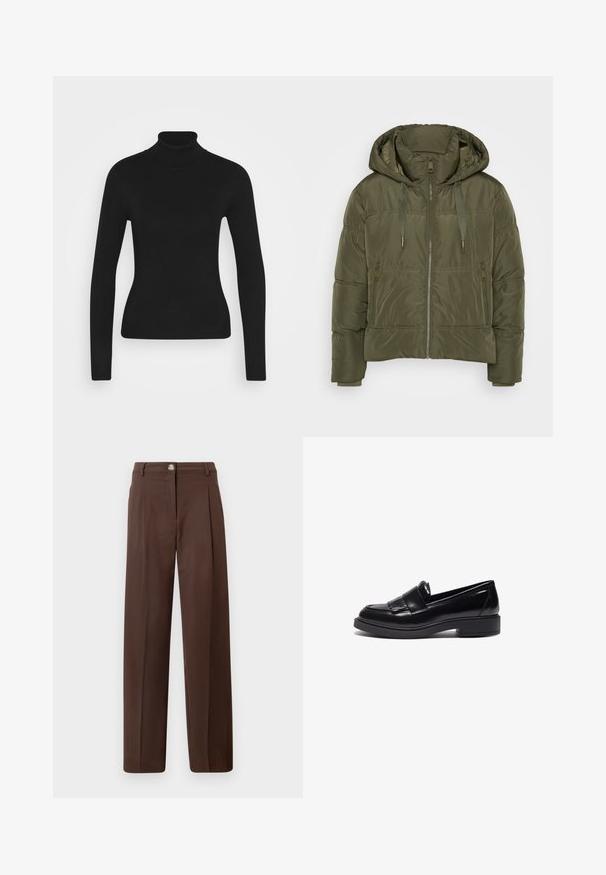 Oliven grøn polstret jakke med hætte, frontlynlås, snoretræk og to lynlåslommer på siden, designet til koldt vejr.; Sort turtleneck sweater med lange ærmer, lavet af et glat strikket stof. Har et tætsiddende design og en ribbet krave.; Brune bukser med højtaljede, lige ben, frontknap, lynlås, bæltestropper og sidelommer mod en neutral baggrund.; Sorte læder loafers med et slankt design, der har en rund tå, dekorativ frynse og en lav, struktureret gummisål.