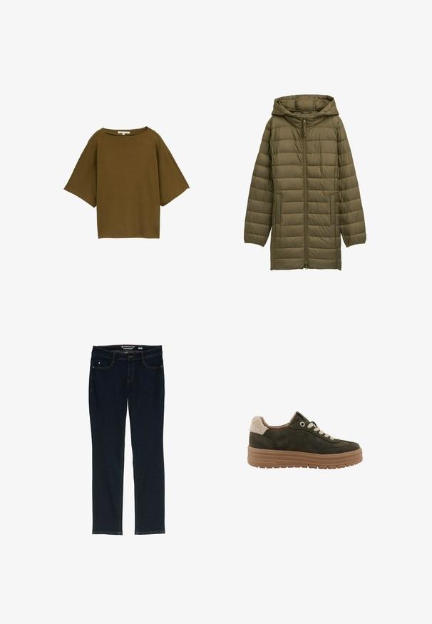 TOM TAILOR DENIM LIGHTWEIGHT STEPP MIT KAPUZE - Wintermantel - grape leaf green; Bruine top met korte mouwen en een losse pasvorm, gemaakt van gestructureerde stof. Heeft een brede halslijn en een boxy ontwerp.; Donkerblauwe rechte jeans van denim. Heeft vijf zakken, contrasterend oranje stiksels en een label op de tailleband met de merknaam.; Donkergroene suède lage sneaker met beige fleece kraag, crèmekleurige veters en dikke lichtbruine rubberen zool, zijaanzicht op witte achtergrond.