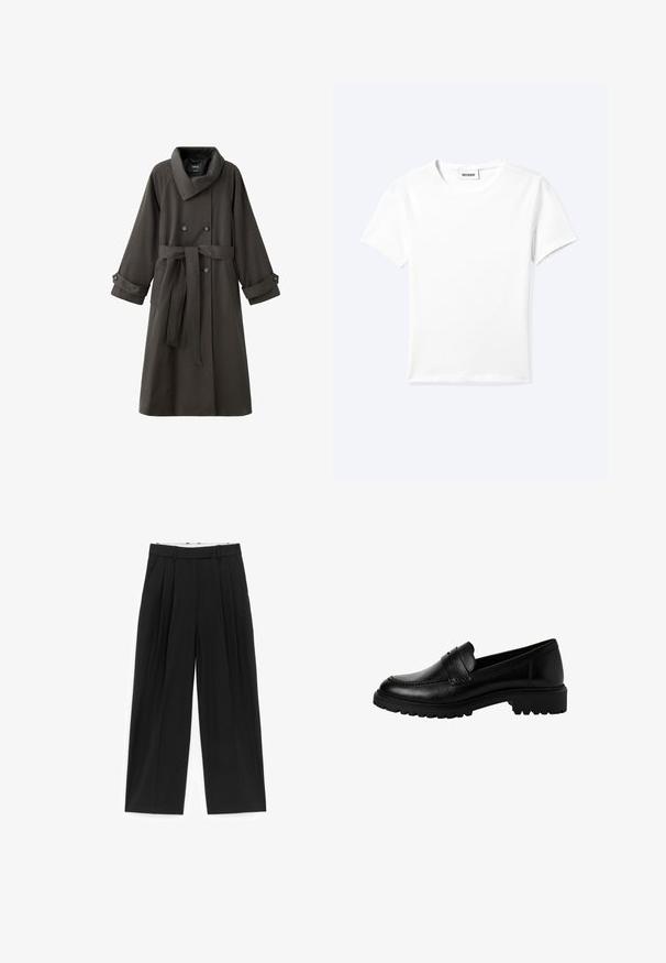 Gabardina gris oscuro de doble botonadura con cuello ancho, puños abotonados, bolsillos laterales y cinturón de tela a juego en la cintura.; Camiseta blanca lisa de manga corta con cuello redondo y una pequeña etiqueta "WEEKDAY" dentro del cuello, mostrada extendida sobre un fondo claro.; Pantalones negros de pierna ancha con pliegues frontales, trabillas para cinturón y bolsillos laterales, diseñados para un ajuste entallado.; Mocasines de cuero negro con punta redondeada, tira decorativa en la parte superior y suela gruesa de goma texturizada. Acabado suave con detalles de costura sutiles.