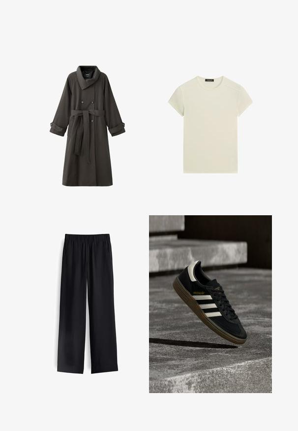 Dunkelgrauer, zweireihiger Trenchcoat mit weitem Kragen, geknöpften Manschetten, Seitentaschen und passendem Stoffgürtel in der Taille.; Kurzärmeliges, hellbeiges T-Shirt mit Rundhalsausschnitt, genähten Schulternähten und einem kleinen schwarzen Markenetikett innen im Kragen.; Schwarze weit geschnittene Hose aus glattem Stoff, mit elastischem Bund und zwei vorderen Taschen, mit einem fließenden Fall und minimalistischem Design.; Schwarzer Adidas-Sneaker mit weißen Streifen und Gummisohle schwebt über grauen Betonstufen im natürlichen Licht.
