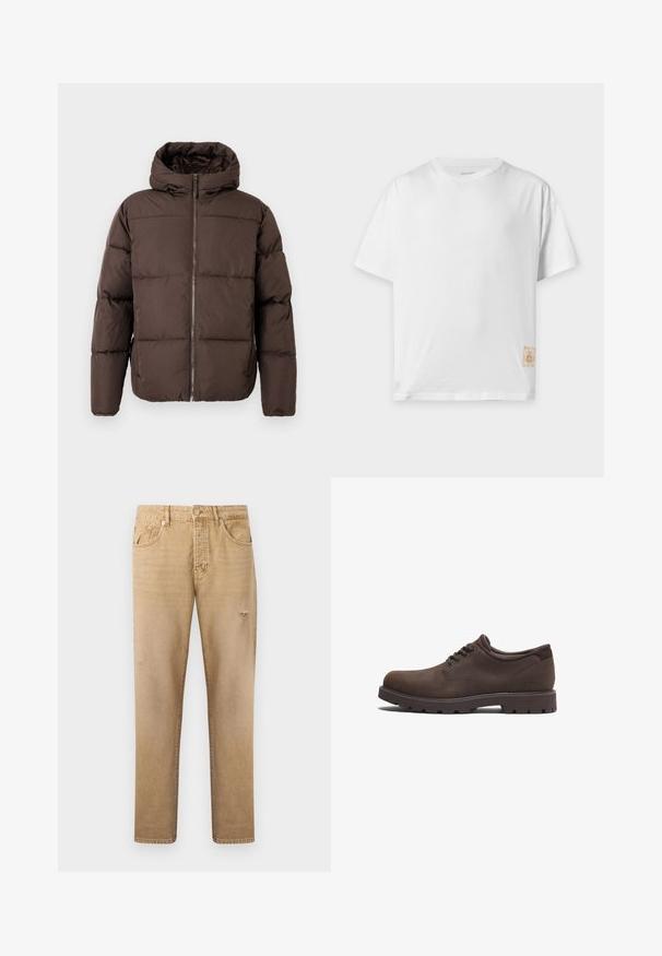 Brun dunjakke med lynlås foran og hætte. Har quiltet design og blød tekstur. Velegnet til koldt vejr.; Almindelig hvid kortærmet bomulds-T-shirt med rund halsudskæring og lille beige stofmærke nær den nederste kant på højre side.; Beige jeans med lige ben, forlommer, bæltestropper og diskrete slidte detaljer på lår og knæ.; Brune lædersko med rund tå og snørebåndsdesign. Har en tekstureret overflade og en gummisål med høj trækkraft. Diskret logo på siden.