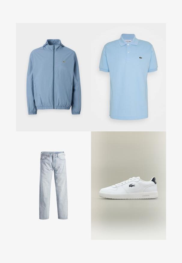 Chaqueta de cremallera azul claro con capucha, puños elásticos y cinturilla. Presenta un pequeño logo verde en el bolsillo izquierdo del pecho.; Camisa polo azul claro hecha de algodón, con un cuello de pico, tres botones y un logo bordado de Lacoste en verde en el lado izquierdo del pecho.; Vaqueros de mezclilla de color azul claro con un diseño de pierna recta, cierre de botón, cinco bolsillos y una textura de desgaste sutil. Presenta detalles de metal.; Zapatilla baja blanca de Lacoste con el logo de cocodrilo negro en el lateral, cordones blancos y una pestaña de talón negra, exhibida sobre un fondo neutro.