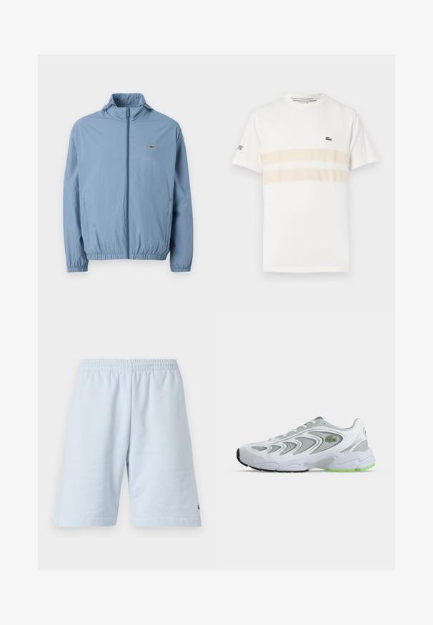 Chaqueta de cremallera azul claro con capucha, puños elásticos y cinturilla. Presenta un pequeño logo verde en el bolsillo izquierdo del pecho.; Camiseta de algodón blanca con dos franjas horizontales beige, pequeño logo bordado en el pecho y cuello redondo. Mangas cortas.; Pantalones cortos de algodón azul claro con cinturilla elástica. Presenta un diseño simple y sólido con dobladillo abierto. Acento del logo en el dobladillo inferior.; Zapatilla deportiva blanca y gris con detalles verdes y logo, paneles de malla y una suela gruesa y acolchada, mostrada de lado sobre un fondo liso.