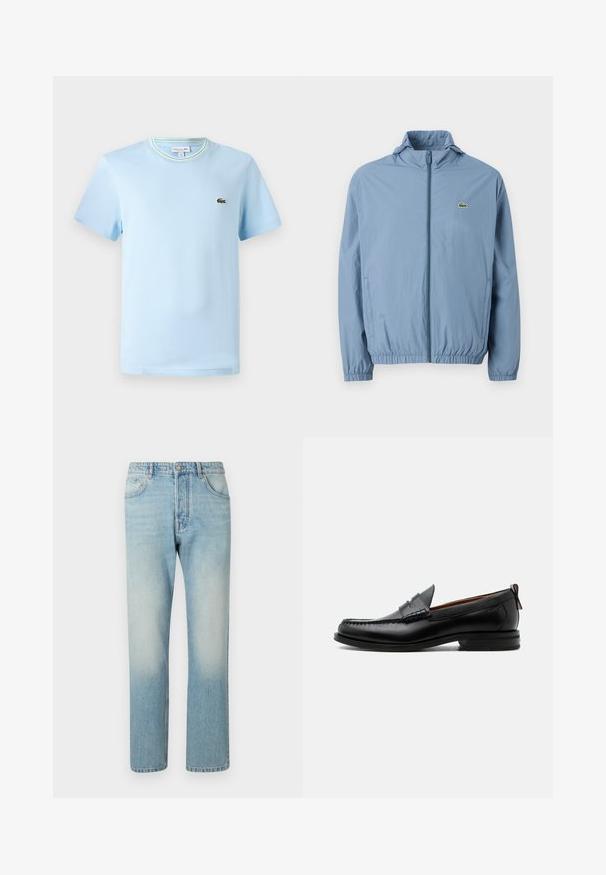Chaqueta de cremallera azul claro con capucha, puños elásticos y cinturilla. Presenta un pequeño logo verde en el bolsillo izquierdo del pecho.; Camiseta de algodón azul claro con mangas cortas, cuello redondo con un ribete de rayas verdes y blancas, y un pequeño logo bordado en el pecho.; Jeans de color azul claro hechos de denim, con un diseño de pierna recta, estructura de cinco bolsillos y efecto de lavado desgastado en los muslos.; Mocasín de hombre de piel negra con costura moc toe, tira penny, cuello texturizado y tacón bajo apilado sobre fondo blanco.