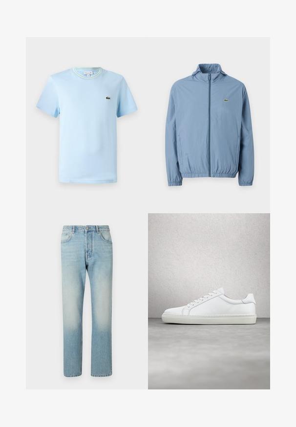 Chaqueta de cremallera azul claro con capucha, puños elásticos y cinturilla. Presenta un pequeño logo verde en el bolsillo izquierdo del pecho.; Camiseta de algodón azul claro con mangas cortas, cuello redondo con un ribete de rayas verdes y blancas, y un pequeño logo bordado en el pecho.; Jeans de color azul claro hechos de denim, con un diseño de pierna recta, estructura de cinco bolsillos y efecto de lavado desgastado en los muslos.; Zapatilla blanca con parte superior de cuero liso y perfil bajo. Presenta una puntera redondeada, seis ojales y una suela de goma texturizada.