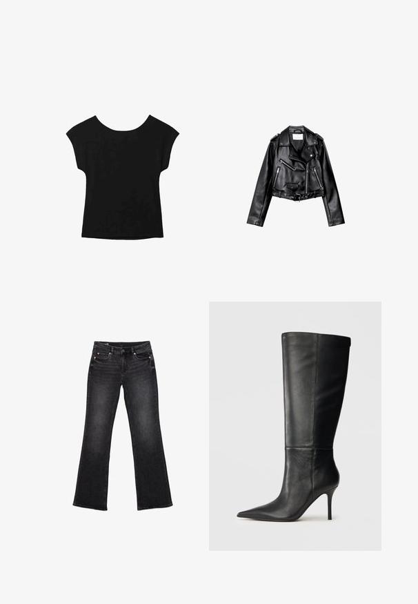 Veste de biker en cuir noir, courte, avec fermeture éclair frontale asymétrique, boutons à pression et quatre zips. Caractéristiques d'une ceinture ajustable à la taille.; Haut noir à manches courtes avec un large col et une coupe ample. Fabriqué en tissu doux sans motifs ni embellissements visibles.; Jean en denim noir avec jambe évasée, conception à cinq poches, fermeture par bouton et texture subtilement délavée sur tout le tissu.; Botte noire en cuir, hauteur genou, avec bout pointu et talon aiguille fin, texture lisse, profil latéral sur fond neutre.