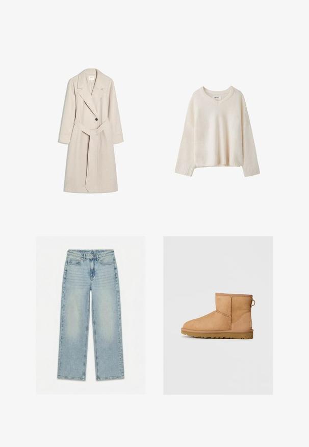Manteau long en laine beige claire avec de larges revers, fermeture par un bouton, deux poches latérales et une ceinture assortie en tissu nouée à la taille.; Pull tricoté crème à manches longues avec poignets côtelés et col rond sur fond blanc.; Jean bleu clair à jambes droites avec bouton frontal, fermeture éclair, passants de ceinture et design à cinq poches, posé à plat sur un fond blanc.; Bottines en suède beige avec bout rond, détails cousus, tirant à l'arrière et semelle en caoutchouc texturé. Conçues pour le confort et la chaleur.