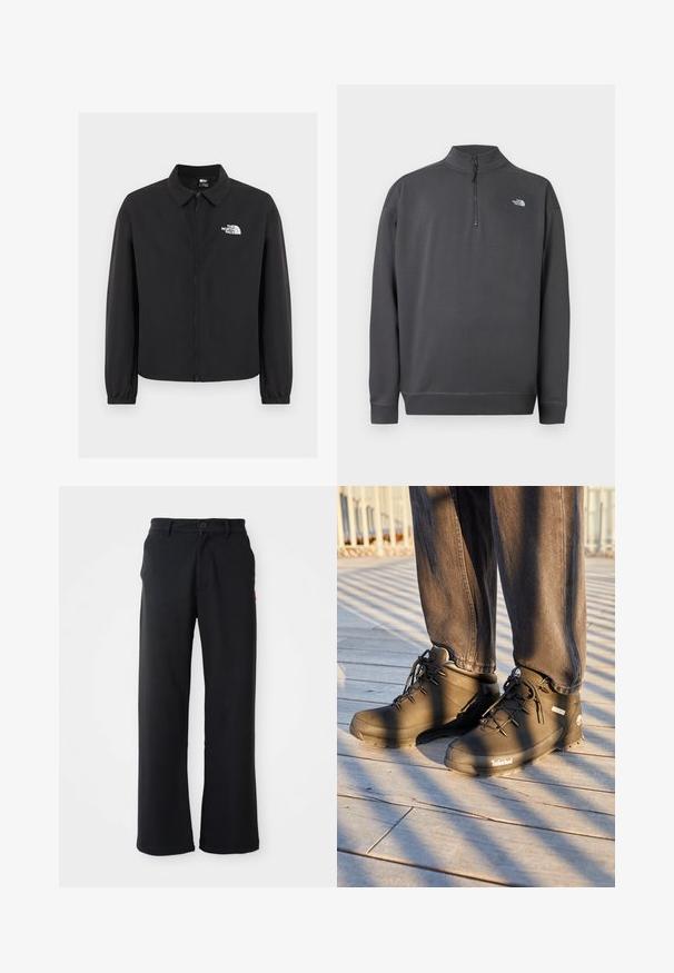 Zwarte jas met ritssluiting aan de voorkant, kraag, elastische manchetten en wit The North Face-logo op de linkerborst, weergegeven op een effen achtergrond.; Donkergrijze trui met lange mouwen, kwart ritssluiting en klein wit The North Face-logo op de linkerborst.; Zwarte rechte broek met knoop- en ritssluiting, riemlussen en zijzakken, weergegeven tegen een witte achtergrond.; Zwarte Timberland wandelschoenen hebben een hoge gloss ontwerpen, een gestructureerd oppervlak en ronde veters, tegen een achtergrond van een houten vloer.