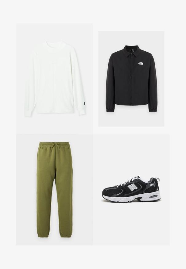 Sort lynlåstrøje med krave, elastiske manchetter og hvid The North Face-logo på venstre bryst, vist på en ensfarvet baggrund.; Hvid langærmet pullover med rund halsudskæring, ribbede manchetter og en central søm, der løber lodret ned foran. Blødt stof.; Joggingbukser af olivengrøn fleece med elastik i taljen og elastik ved anklerne samt snøre i taljen.; Sorte og grå sportssko med mesh og ruskind på overdelen, der har en hvid mellemsål, snørebånd og et iøjnefaldende "N" logo på siden.