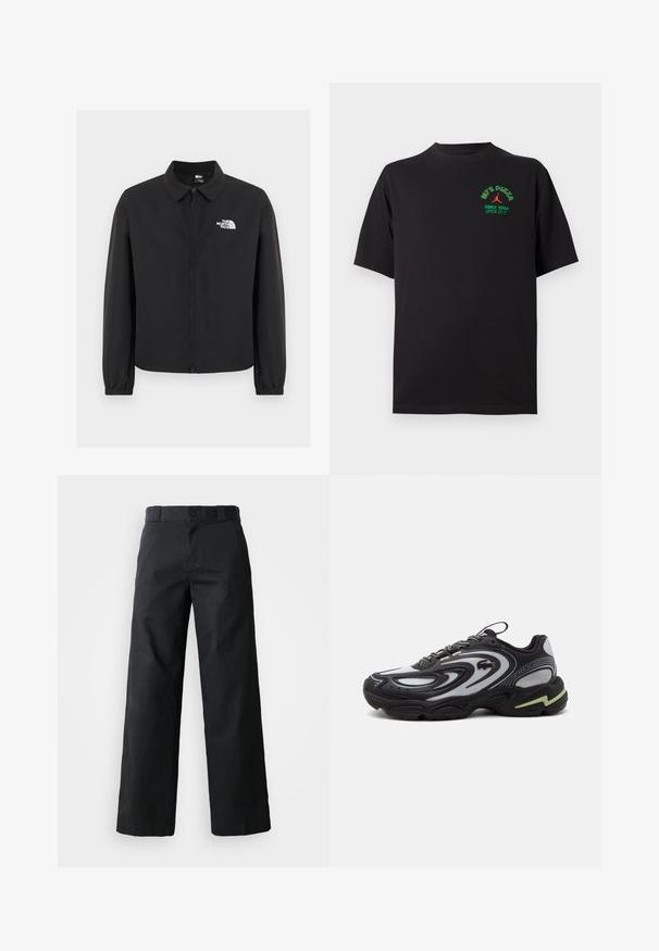 Zwarte jas met ritssluiting aan de voorkant, kraag, elastische manchetten en wit The North Face-logo op de linkerborst, weergegeven op een effen achtergrond.; Zwart T-shirt met korte mouwen met groene en oranje "MJ'S PIZZA Since 1984 Open 23/7" tekst en logo op de linkerborst.; Zwarte wijde broek van katoen. Voorzien van een knoopsluiting, riemlussen en zijzakken. Gladde textuur met een op maat gemaakte snit.; Zwart-grijze Lacoste Storm 2K sneaker met golfpatronen, veterdesign en een dikke zool met een lichtgroene accent.