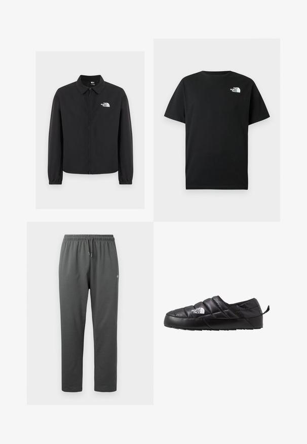 Chaqueta negra con cremallera frontal, cuello, puños elásticos y el logo blanco de The North Face en el pecho izquierdo, mostrada sobre un fondo liso.; Camiseta de algodón negra con mangas cortas, cuello redondo y logotipo blanco en el pecho izquierdo. Diseño simple, sin adornos.; Pantalones deportivos de forro polar de color gris oscuro con cintura elástica y cordón, con un pequeño logo en el muslo derecho.; Zapato negro de tipo slip-on con un diseño acolchado, hecho de material acolchado. Presenta una suela de goma texturizada y una pequeña lengüeta en la parte trasera.