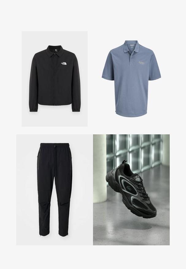 Schwarze Jacke mit Reißverschluss vorne, Kragen, elastischen Bündchen und weißem The North Face-Logo auf der linken Brust, vor einem einfarbigen Hintergrund präsentiert.; Blaues kurzärmeliges Poloshirt mit Kragen und zwei Knöpfen, mit dem "Jack & Jones"-Logo, das auf der linken Brust eingestickt ist.; Schwarze, leichte outdoor Hosen mit elastischem Bund und verstellbarem Zugschnur. Ausgestattet mit Reißverschlusstaschen und tapered Bündchen.; Schwarzer Sportschuh aus Mesh- und synthetischem Material, mit profilierter Sohle, schlankem Design, silbernen Akzenten und vorderer Schnürung.