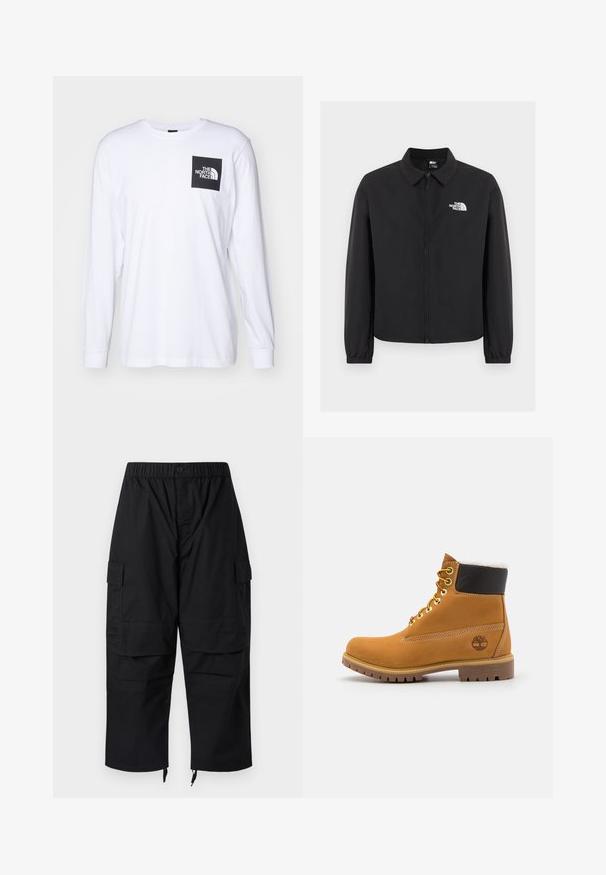 Sort lynlåstrøje med krave, elastiske manchetter og hvid The North Face-logo på venstre bryst, vist på en ensfarvet baggrund.; Hvid langærmet t-shirt med sort firkantet logo, der står "The North Face" på venstre overarm.; Sorte cargobukser med elastisk talje, flere lommer og lynlåse ved anklerne, med et afslappet, løstsiddende design.; Brune læder ankelstøvle med metaløjer, hvid pelsforing, sort polstret krave, robust sål og præget logo på siden.
