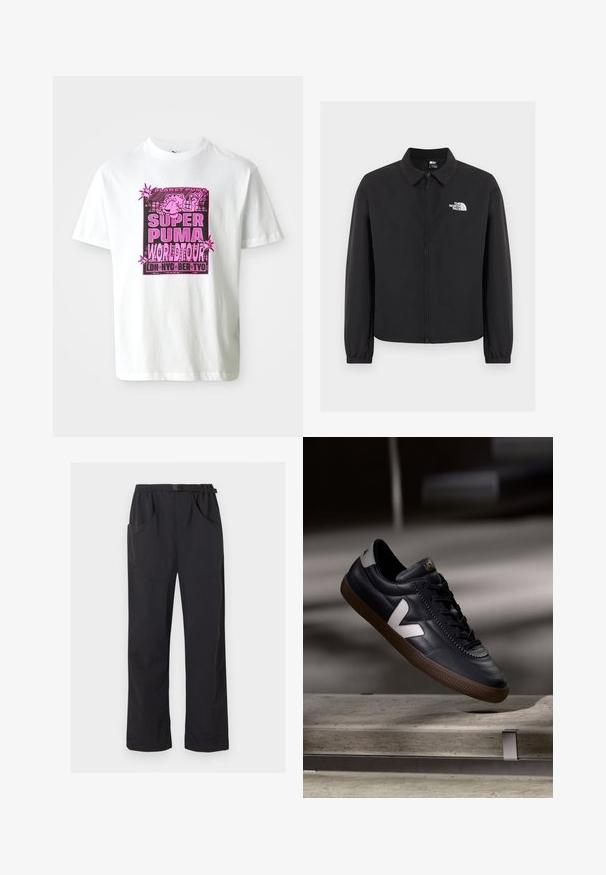 Sort lynlåstrøje med krave, elastiske manchetter og hvid The North Face-logo på venstre bryst, vist på en ensfarvet baggrund.; Hvid bomulds t-shirt med et iøjnefaldende pink grafisk print med teksten "SUPER PUMA WORLD TOUR" og figurer i tegneserie-stil.; Sorte bukser med lige ben, elastik i taljen og justerbart bælte med spænde, med for- og sidelommer.; Sort lædersneaker med hvid V-logo, snørebånd foran, perforerede detaljer og brunt gummisål; slankt design med minimale accenter.
