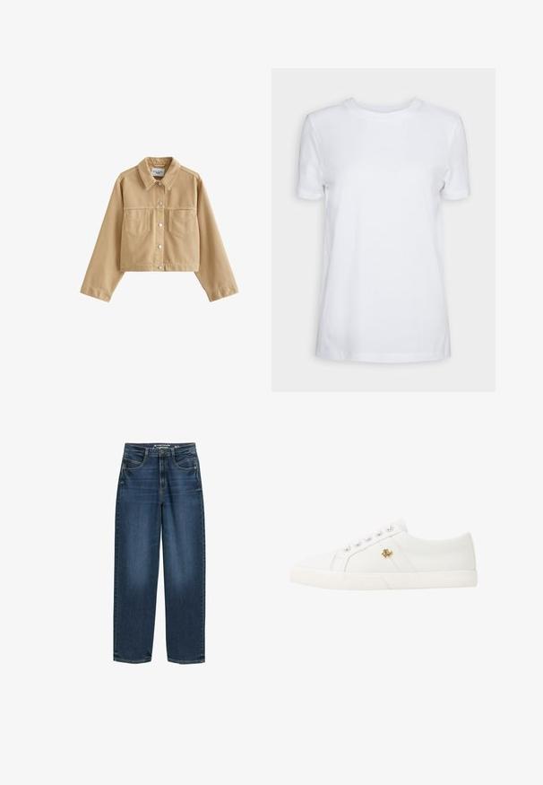 Beige, kurze Jeansjacke mit Knopfverschluss, zwei Brusttaschen, einem Kragen und langen Ärmeln.; Schlichtes weißes T-Shirt mit kurzen Ärmeln und Rundhalsausschnitt, normaler Passform und einem kleinen Innenhalsetikett mit der Aufschrift „SELECTED FEMME.“; Dunkelblaue weite Jeans mit hoher Taille, Fronttaschen und klassischer Denim-Textur. Abgeschlossen mit dezenten Steppnähten und geraden Beinsäumen.; Lauren Ralph Lauren JANSON II CANVAS SNEAKER - Sneaker low - optic white