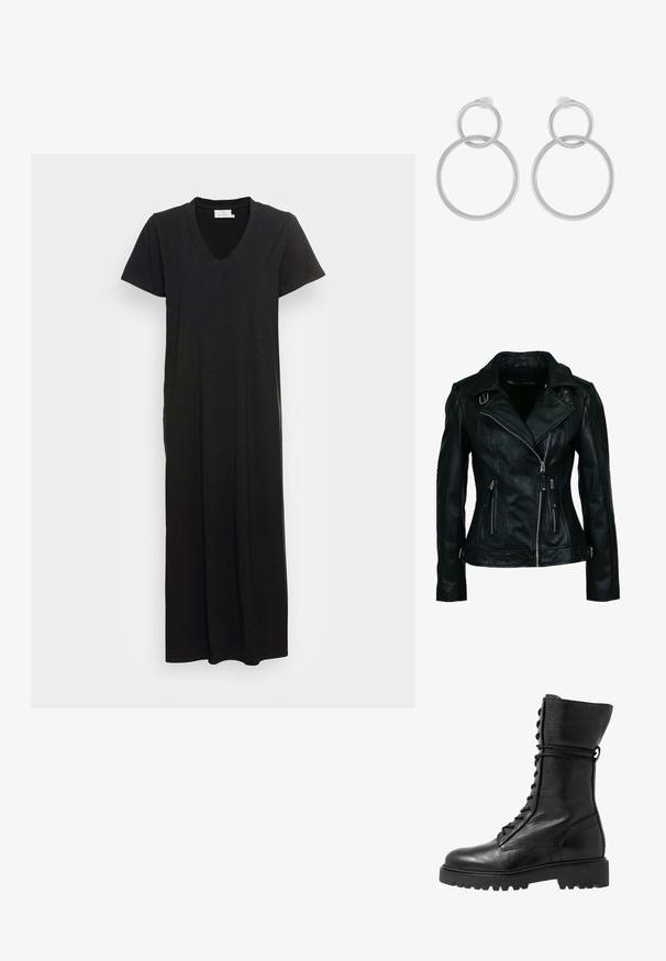 Veste de motard en similicuir noir avec fermeture éclair frontale asymétrique, deux poches zippées, détails à boucle sur le col et la taille.; Robe maxi noire en tissu doux, dotée d'un décolleté en V, de manches courtes et d'une coupe décontractée qui descend jusqu'aux chevilles.; Bottes de combat en cuir noir avec une finition texturée, design montant jusqu'au genou, fermeture à lacets à l'avant et semelle en caoutchouc épaisse avec un motif strié.; Boucles d'oreilles en métal argenté présentant deux cercles entrelacés, un plus grand et un plus petit, avec une finition brossée et des fermoirs à poussoir.