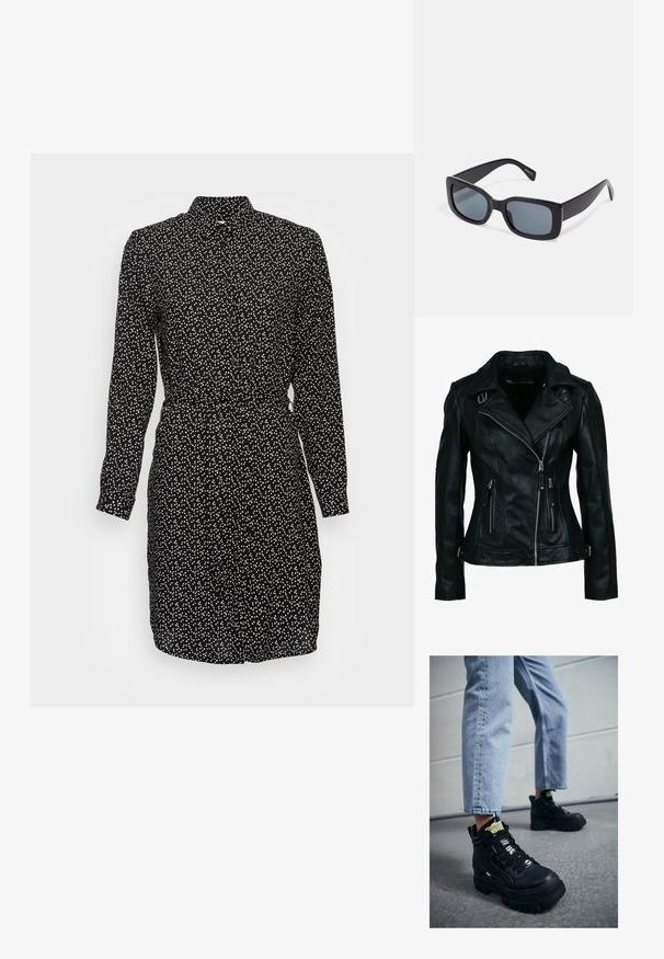 Chaqueta de motorista negra de cuero sintético con cremallera frontal asimétrica, dos bolsillos con cremallera y detalles con hebilla en el cuello y la cintura.; Vestido negro con un patrón de lunares en blanco, mangas largas, cierre de botones y cintura ajustada. Tejido suave con un cuello.; Zapatillas altas negras con suela gruesa, con diseño de cordones, acentos de logo y etiquetas amarillas. Combinadas con unos vaqueros cortos de color azul claro.; Gafas de sol rectangulares negras con lentes oscuros, montura de plástico grueso y patillas anchas. Superficie lisa y diseño anguloso.
