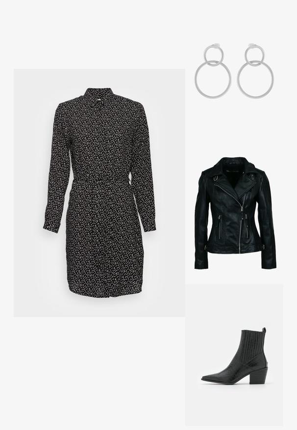 Schwarze Bikerjacke aus Kunstleder mit asymmetrischem Frontreißverschluss, zwei Reißverschlusstaschen, Schnallendetails am Kragen und an der Taille.; Schwarzes Kleid mit einem weißen Polkadot-Muster, langen Ärmeln, Knopfverschluss und tailliertem Bund. Glattes Material mit einem Kragen.; RAID ROCCO - Cowboy-/Bikerstiefelette - black; Silberne Ohrringe aus Metall mit zwei miteinander verbundenen Kreisen, einem größeren und einem kleineren, mit gebürsteter Oberfläche und Steckverschluss.