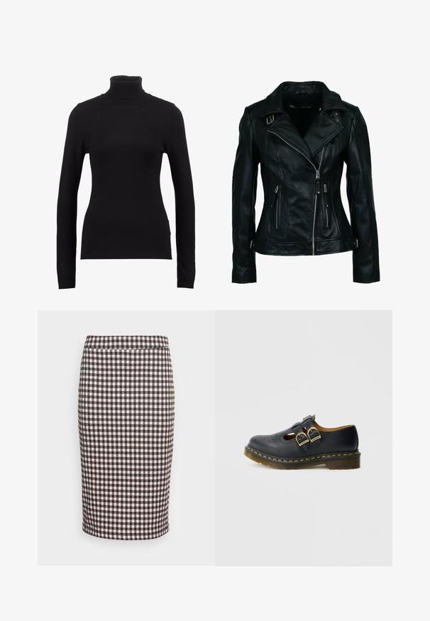 Sort bikerjakke i imiteret læder med asymmetrisk frontlynlås, to lynlåslommer, spænde-detaljer på krave og talje.; Sort turtleneck sweater lavet af blød stof, med lange ærmer og en tætsiddende silhuet. Enkel design uden synlige mønstre eller dekorationer.; Højtaljet blyantskjørt med sort og lyserødt ternet mønster, knælængde med lige kant på hvid baggrund.; Sort lædersko med to remme og spænder, med perforerede detaljer, rundet tå og en gul syningsaccent rundt om sålen.