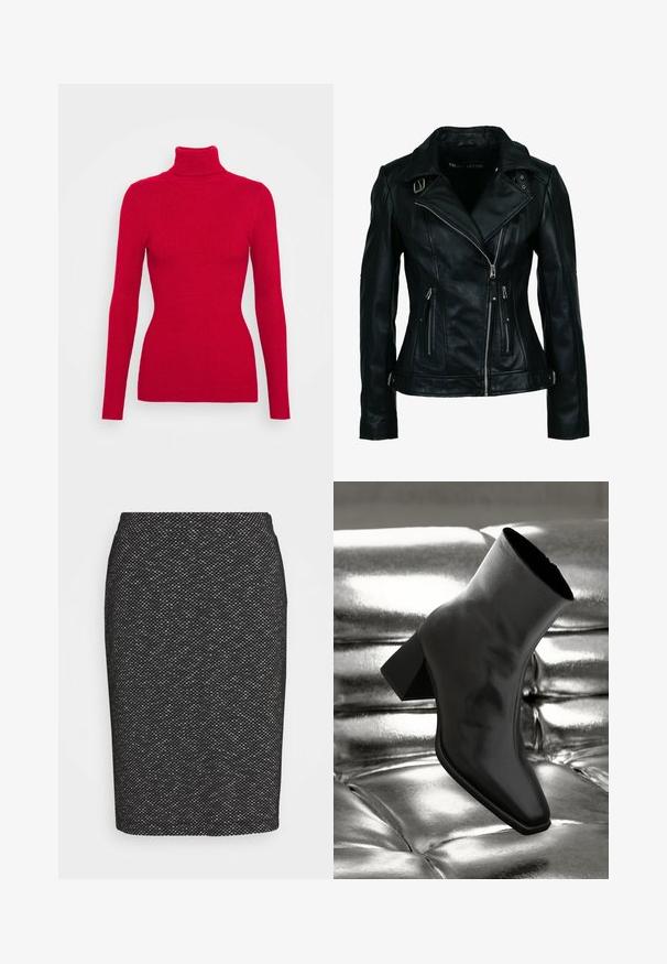Veste de motard en similicuir noir avec fermeture éclair frontale asymétrique, deux poches zippées, détails à boucle sur le col et la taille.; Pull en maille côtelée rouge avec un col roulé, des manches longues, un tissu texturé, une coupe ajustée et un col montant. Pas d'embellissements visibles.; Jupe crayon noire avec un motif texturé, design ajusté, longueur genou, dotée d'une taille haute et sans matériel ou embellissements visibles.; Botte noire à la cheville en matériau brillant avec un bout carré et un talon effilé, sur un fond argenté brillant et capitonné.