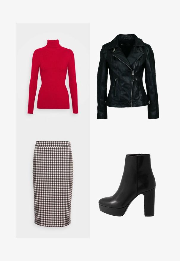 Veste de motard en similicuir noir avec fermeture éclair frontale asymétrique, deux poches zippées, détails à boucle sur le col et la taille.; Pull en maille côtelée rouge avec un col roulé, des manches longues, un tissu texturé, une coupe ajustée et un col montant. Pas d'embellissements visibles.; Jupe crayon taille haute avec motif à carreaux noir et rose clair, longueur au genou avec un ourlet droit sur fond blanc.; Botte de cheville en cuir noir avec un haut talon bloc et une plateforme. Texture lisse, design simple et fermeture éclair à l'arrière.