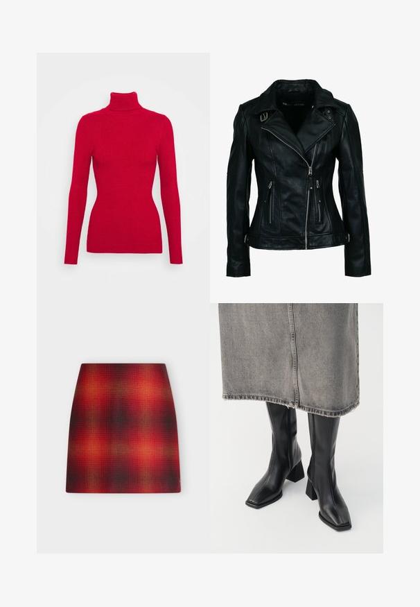 Chaqueta de motorista negra de cuero sintético con cremallera frontal asimétrica, dos bolsillos con cremallera y detalles con hebilla en el cuello y la cintura.; Suéter rojo de cuello alto con acanalado, mangas largas, tejido texturizado, silueta ajustada y cuello alto. Sin adornos visibles.; Falda línea A a cuadros degradados en rojo y negro con sutiles destellos naranjas y cinturilla recta sobre un fondo blanco.; Botas negras hasta la rodilla de cuero liso con punta cuadrada y tacón cuadrado. Llevadas con una falda de mezclilla gris con dobladillo desflecado.