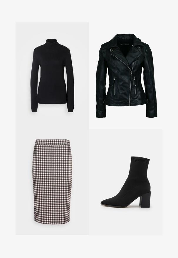 Veste de motard en similicuir noir avec fermeture éclair frontale asymétrique, deux poches zippées, détails à boucle sur le col et la taille.; Pull en col roulé noir fabriqué dans un tissu en maille douce, présentant des manches longues et une silhouette ajustée avec un col et un ourlet côtelés.; Jupe crayon taille haute avec motif à carreaux noir et rose clair, longueur au genou avec un ourlet droit sur fond blanc.; Bottines noires en tissu extensible, à bout pointu et talon carré, avec une bordure côtelée en haut.