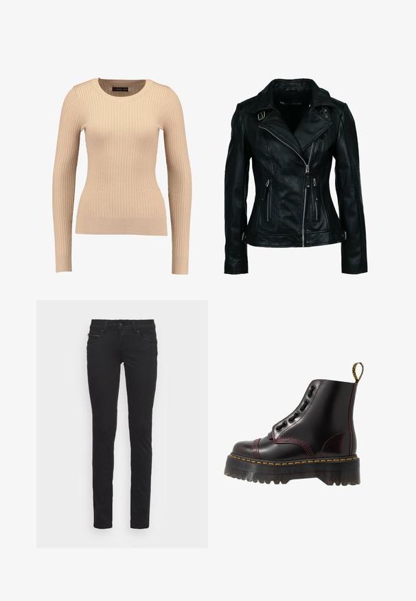Sort bikerjakke i imiteret læder med asymmetrisk frontlynlås, to lynlåslommer, spænde-detaljer på krave og talje.; Ribbet langærmet sweater i lys beige, lavet af strækbart stof. Har en rund halsudskæring og tætsiddende silhuet med ribbede manchetter.; Sorte slim-fit jeans lavet af bomuld med forlommer og lynlåsdetalje. Glat tekstur og standard fem-lomme design.; Dr. Martens SINCLAIR - Plateaustøvletter - cherry red arcadia
