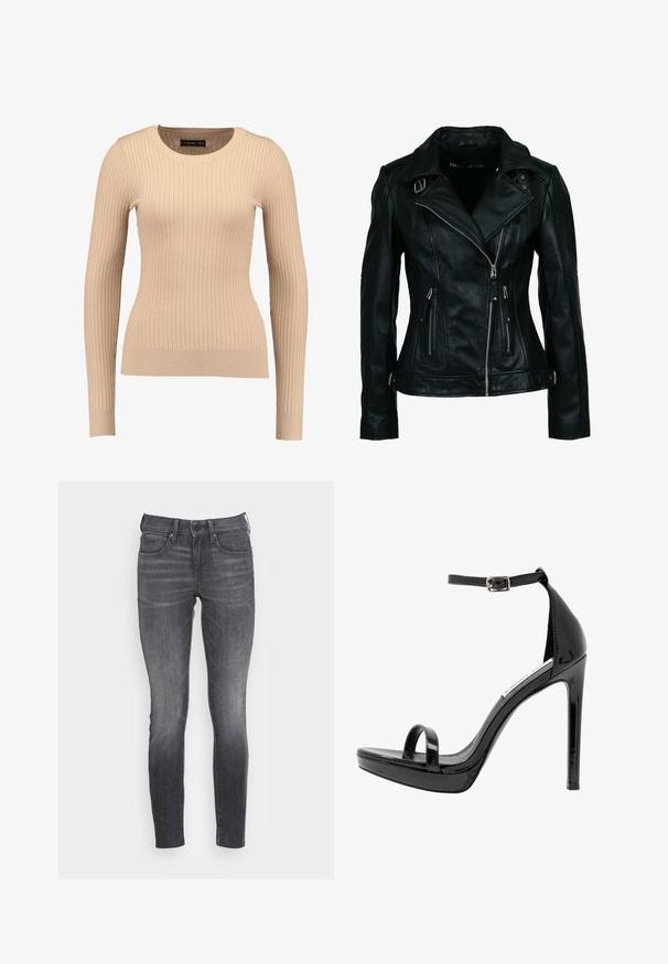 Sort bikerjakke i imiteret læder med asymmetrisk frontlynlås, to lynlåslommer, spænde-detaljer på krave og talje.; Ribbet langærmet sweater i lys beige, lavet af strækbart stof. Har en rund halsudskæring og tætsiddende silhuet med ribbede manchetter.; G-STAR 3301 MID SKINNY ANKLE - Jeans Skinny Fit - vintage basalt; Steve Madden MILANO - Højhælede sandaletter / Højhælede sandaler - black