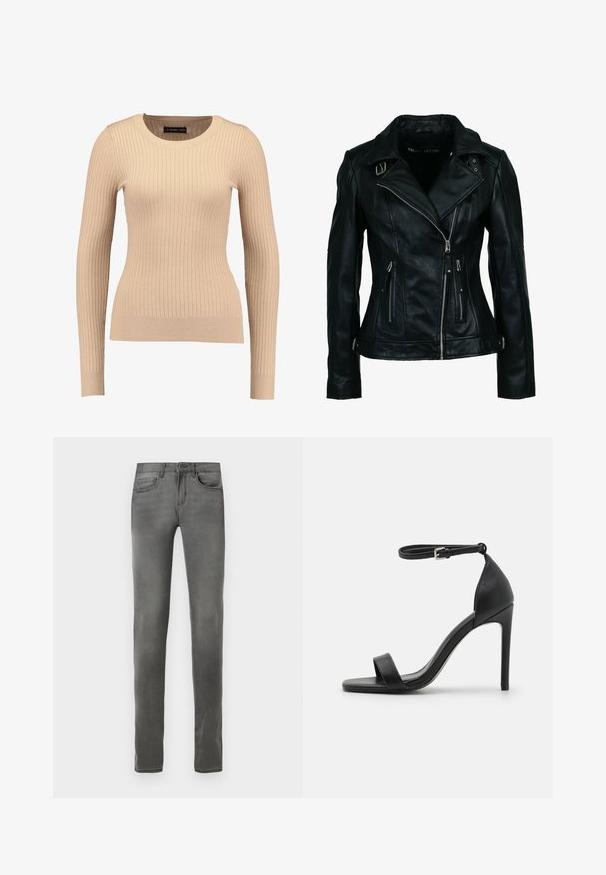 Veste de motard en similicuir noir avec fermeture éclair frontale asymétrique, deux poches zippées, détails à boucle sur le col et la taille.; Pull long à manches longues en beige clair, fabriqué dans un tissu extensible. Présente un col rond et une silhouette ajustée avec des poignets resserrés.; Jean en denim gris avec une coupe slim, doté de cinq poches, d'une fermeture à bouton et d'une texture douce. Pas de motifs ni d'ornements visibles.; Sandale noire à talons hauts au design épuré, avec une bride au niveau de la cheville, un bout ouvert et une texture en cuir lisse.