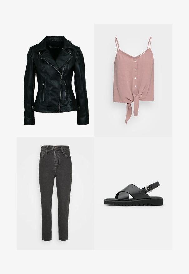Schwarze Bikerjacke aus Kunstleder mit asymmetrischem Frontreißverschluss, zwei Reißverschlusstaschen, Schnallendetails am Kragen und an der Taille.; Staubrosa ärmellose Bluse mit V-Ausschnitt, Knopfleiste und geknotetem Saum. Hergestellt aus strukturiertem Stoff mit verstellbaren Spaghettiträgern.; Schwarze, hoch geschnittene Denim-Jeans mit Slim Fit, versehen mit einem Knopfverschluss, Gürtelschlaufen und klassischem Fünf-Taschen-Design.; Schwarze Leder-Sandalen mit einem Kreuzriemen-Design, verstellbarem Schnallenverschluss und strukturierten Sohlen mit Rippen für besseren Halt.