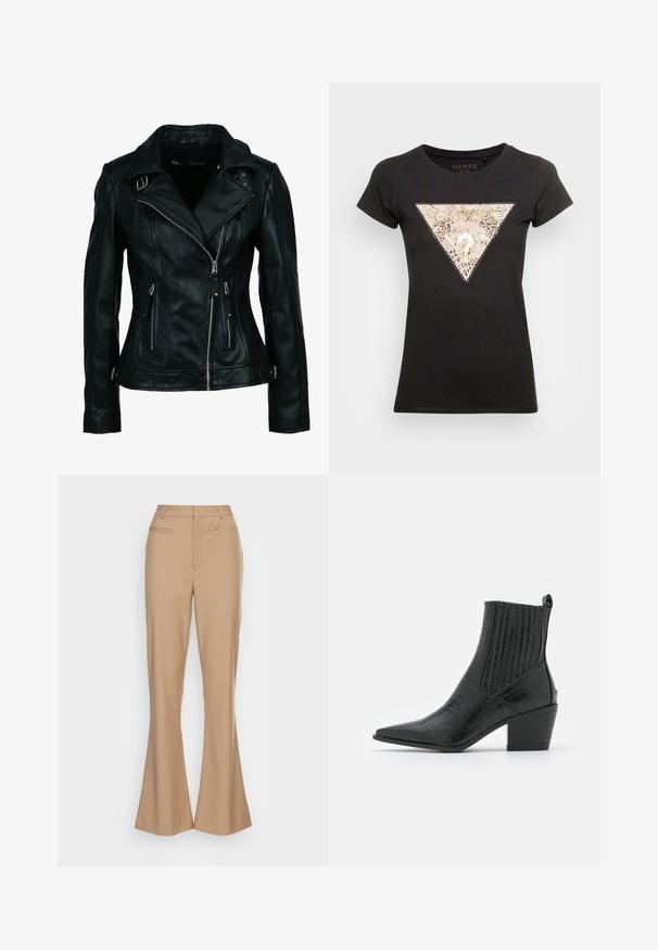 Schwarze Bikerjacke aus Kunstleder mit asymmetrischem Frontreißverschluss, zwei Reißverschlusstaschen, Schnallendetails am Kragen und an der Taille.; Schwarzes T-Shirt mit kurzen Ärmeln, ausgestattet mit einem metallischen Leopardenmuster in Form eines Dreiecks und dem "GUESS"-Logo, runder Ausschnitt und körpernahe Silhouette.; Beige ausgestellte Hose aus glattem Stoff, mit mittelhohem Bund, leichten Bundfalten und zwei Vordertaschen.; RAID ROCCO - Cowboy-/Bikerstiefelette - black