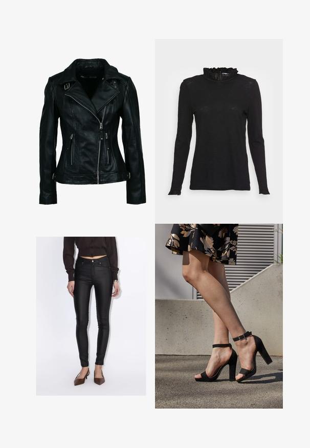 Schwarze Bikerjacke aus Kunstleder mit asymmetrischem Frontreißverschluss, zwei Reißverschlusstaschen, Schnallendetails am Kragen und an der Taille.; Schwarzes Langarmshirt mit hohem Rüschenausschnitt und leicht ausgestellt Bündchen, aus einem weichen, strukturierten Stoff mit einer figurbetonten Passform.; Frau trägt schwarze, hoch taillierte Skinny-Hosen, ein kurz geschnittenes dunkelbraunes Hemd mit Knöpfen und braune spitze Schuhe mit Absatz.; Schwarze Wildleder-High-Heelsandalen mit einem Knöchelriemen und einer Schnalle, offener Zehenpartie und einem stabilen Absatz. Glatte Textur und minimalistischer Stil.