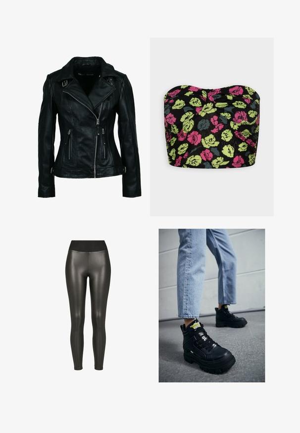 Sort bikerjakke i imiteret læder med asymmetrisk frontlynlås, to lynlåslommer, spænde-detaljer på krave og talje.; ONLY ONLPELLA STRING CORSAGE - Top - black; Sorte højtaljede leggings i kunstlæder med en glat, skinnende finish og ankellængde på en hvid baggrund.; Sorte højtop sneakers med en chunky sål, med snørebåndsdesign, logo accenter og gule tags. Worn med lyseblå cropped jeans.