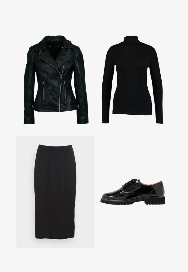 Sort bikerjakke i imiteret læder med asymmetrisk frontlynlås, to lynlåslommer, spænde-detaljer på krave og talje.; Sort langærmet turtleneck top lavet af glat stof, med et tætsiddende design og høj hals, velegnet til lag-på-lag brug eller som en selvstændig beklædningsgenstand.; Sort knælang nederdel lavet af blød, strækbar stof. Har en elastisk talje og en enkel, lige silhuet uden lommer.; Lave sorte patenterede lædersko med snørebånd, rund tå, brogue-detaljer, gummisål og en struktureret finish. Akkorderet med små øjer.