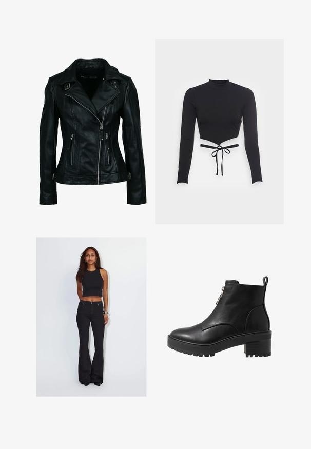 Zwarte bikerjas van imitatieleren met asymmetrische rits aan de voorkant, twee ritssluitingen en gespsluitingen op de kraag en taille.; Even&Odd by Zalando Longsleeve - black; Vrouw met lang donker haar die een zwarte mouwloze cropped top en zwarte hoog getailleerde wijde broek draagt, staand tegen een effen lichte achtergrond.; Zwarte leren enkelboot met een zijrits, stevige zwarte hak en een getextureerde zool voor grip. Gladde afwerking met minimale accenten.