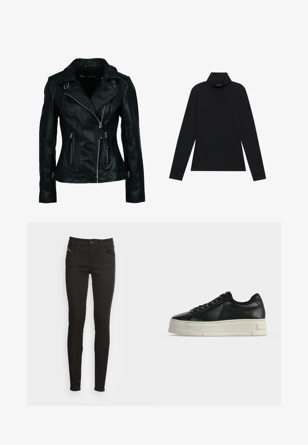 Zwarte bikerjas van imitatieleren met asymmetrische rits aan de voorkant, twee ritssluitingen en gespsluitingen op de kraag en taille.; Zwarte langetermijn turtleneck. Zachte stof, getailleerd design, hoge kraag en zijnaad. Eenvoudige en veelzijdige stijl die geschikt is voor het laagjes dragen.; Zwarte slim-fit jeans met voorzakken, riemlussen, knoopsluiting en rits, weergegeven tegen een witte achtergrond.; Zwarte leren lage sneaker met dikke witte plateauzool en zwarte veters op een effen lichte achtergrond.