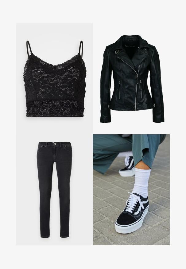 Veste de motard en similicuir noir avec fermeture éclair frontale asymétrique, deux poches zippées, détails à boucle sur le col et la taille.; Bralette en dentelle noire avec des bretelles spaghetti réglables, un motif de dentelle florale et une bande noire unie en bas.; Jean noir slim avec design à cinq poches, fermeture à bouton et passants de ceinture, posé à plat sur un fond blanc uni.; Baskets en suède noir avec des accents et des lacets blancs, présentant une épaisse semelle blanche et des coutures contrastantes, associées à une chaussette blanche.