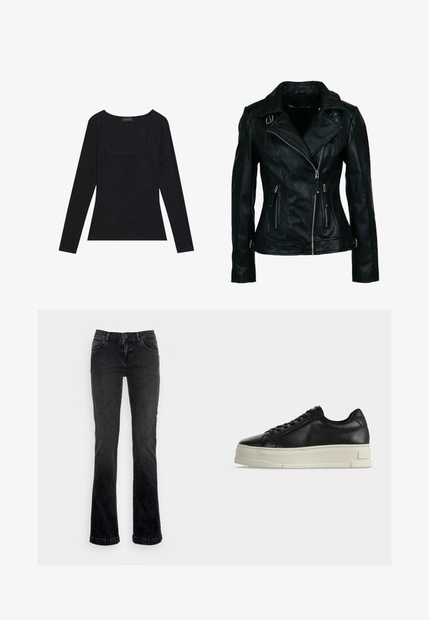 Chaqueta de motorista negra de cuero sintético con cremallera frontal asimétrica, dos bolsillos con cremallera y detalles con hebilla en el cuello y la cintura.; Top negro de manga larga con textura acanalada, que presenta un escote cuadrado y una forma ajustada. Incluye una etiqueta que dice "ANNA FIELD."; Jeans de mezclilla negra acampanados con un diseño clásico de cinco bolsillos, que cuentan con un cierre de botón y cremallera, y detalles de costura sutiles.; Zapatilla deportiva baja de cuero negro con suela plataforma blanca gruesa y cordones negros sobre un fondo claro y liso.