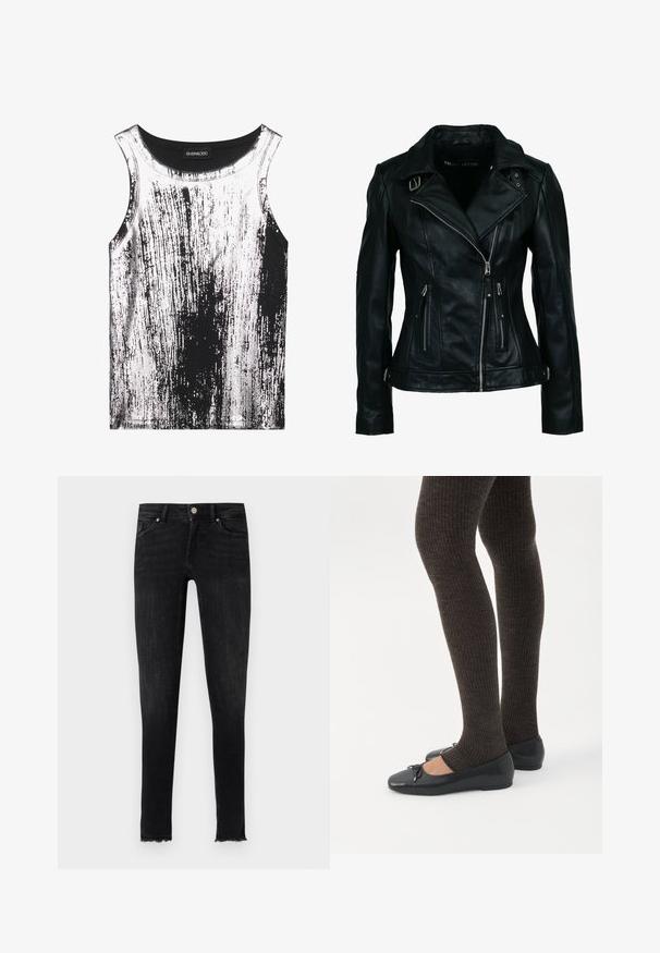 Veste de motard en similicuir noir avec fermeture éclair frontale asymétrique, deux poches zippées, détails à boucle sur le col et la taille.; Débardeur noir et blanc en tissu extensible, présentant un motif rayé avec des accents brillants, un col rond et un design sans manches.; Jean skinny noir en denim, avec un ourlet effiloché, des poches avant et une fermeture à bouton à la taille. La texture semble lisse.; Jambes portant des leggings côtelés foncés associés à des ballerines noires avec de petits détails en nœud sur fond blanc.