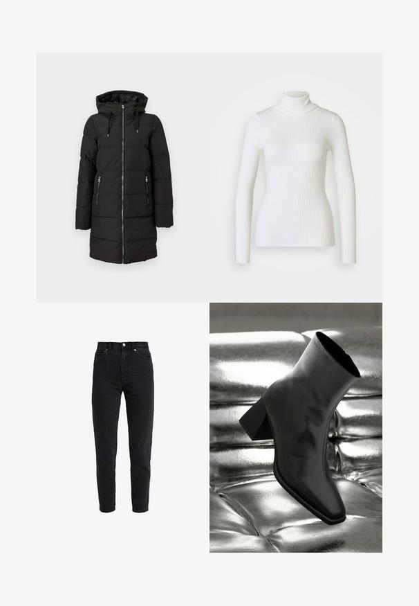 Sort dunjakke med hætte, med vandrette quiltede sektioner, frontlynlås og to sidelommer med lynlås.; Hvid ribbet turtleneck sweater med lange ærmer, der har en tætsiddende design og blød tekstur. Flad krave og sømløst udseende.; High-waist sort denim jeans med forreste knap og lynlås, to forlommer og en tilspidset ben foran på en hvid baggrund.; Sorte ankelstøvler lavet af glossy materiale med firkantet tå og spidse hæle, sat mod en skinnende sølv tuftet baggrund.